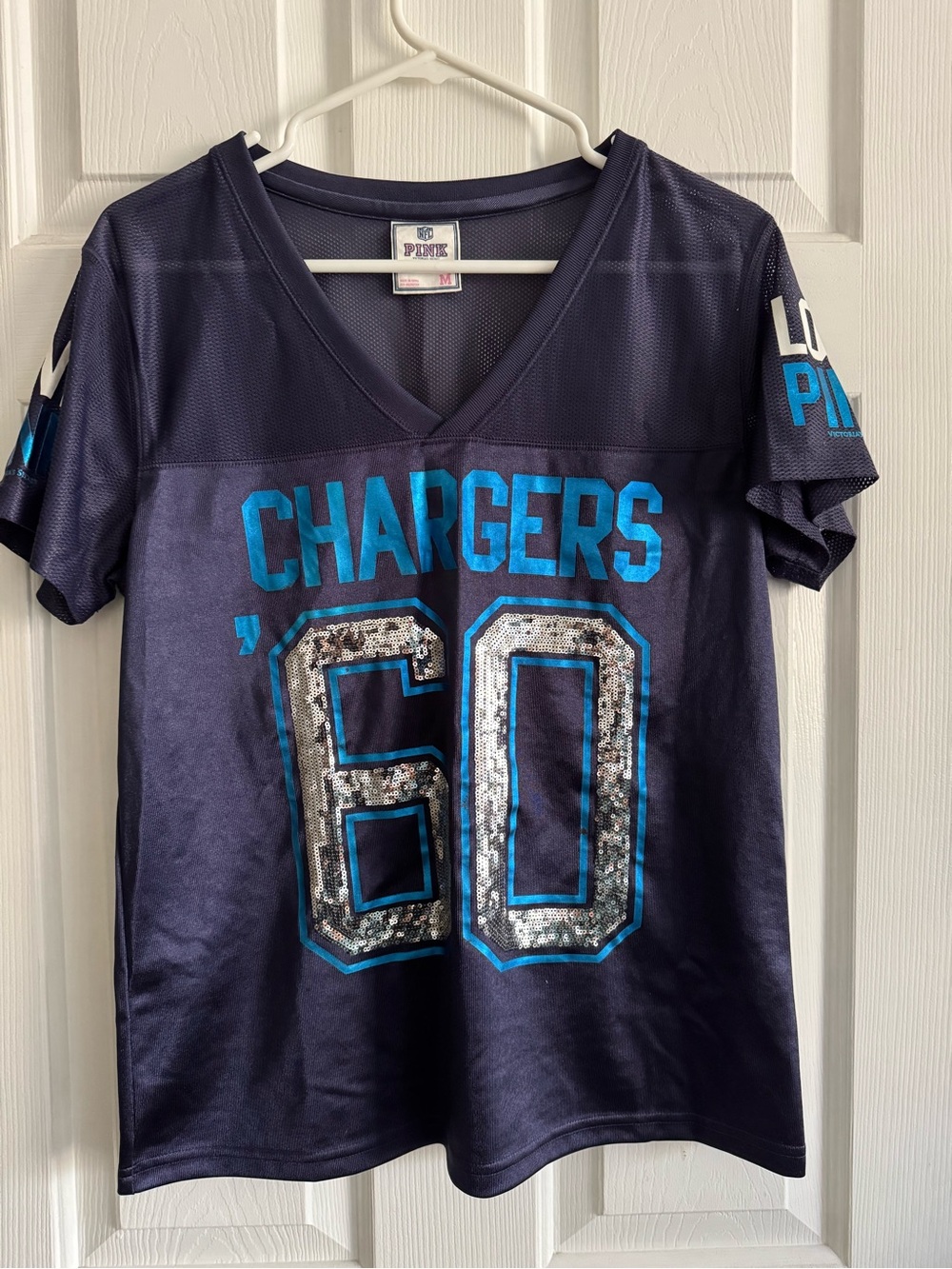 PINK Victoria's Secret NFL Chargers Sequin Jersey Mesh Shirt Medium Like New - Picture 3 of 5